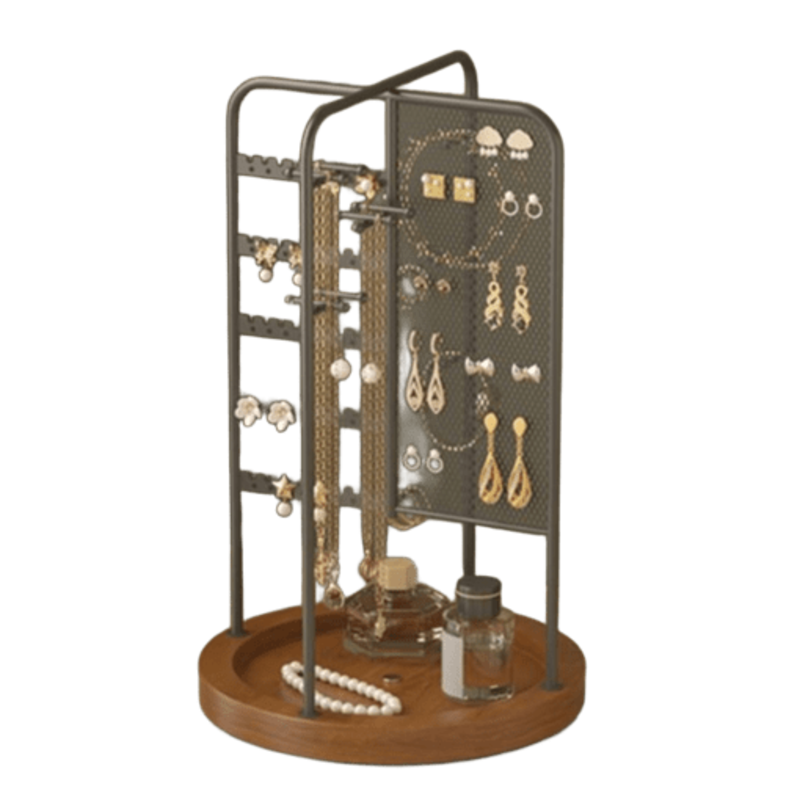 Rotating Wood & Black Metal Jewelry Holder